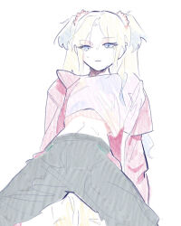 1girl black_pants blonde_hair blue_eyes blue_hair closed_mouth commentary cowboy_shot crop_top cropped_shirt dated_commentary english_commentary flower gradient_hair hair_flower hair_ornament highres jacket link!_like!_love_live! love_live! midriff multicolored_hair official_alternate_costume open_clothes open_jacket osawa_rurino osawa_rurino_(summer_training_wear) pale_color pants pink_flower pink_jacket pink_shirt pipi_(m1x_mix) shirt solo twintails virtual_youtuber