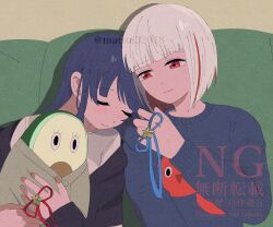 2girls black_jacket blue_hair blue_sweater blunt_bangs blush bob_cut brown_cardigan cardigan closed_eyes closed_mouth commentary_request cosplay costume_switch dollchestra finger_ribbon highres hugging_doll hugging_object inverted_bob jacket link!_like!_love_live! long_hair long_sleeves looking_at_another love_live! matsui_ibuki multicolored_hair multiple_girls murano_sayaka murano_sayaka_(cosplay) murano_sayaka_(summer_loungewear) off_shoulder official_alternate_costume red_eyes red_hair shirt short_hair smile split_mouth star_ornament streaked_hair stuffed_avocado stuffed_tomato stuffed_toy sweater twitter_username u_u upper_body virtual_youtuber watermark watermark_grid white_hair white_shirt yugiri_tsuzuri yugiri_tsuzuri_(cosplay) yugiri_tsuzuri_(summer_loungewear)