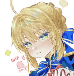 +_+ 1girl ahoge artist_name artoria_pendragon_(fate) blonde_hair blue_bow blue_bowtie blue_dress blush bow bowtie braid cleavage_cutout closed_mouth clothing_cutout commentary dress eating fate/stay_night fate/unlimited_blade_works fate_(series) food fruit green_eyes hair_between_eyes hair_bow hair_bun highres honkai:_star_rail honkai_(series) huge_ahoge ice_cream juliet_sleeves long_sleeves looking_at_viewer nigiri puffy_sleeves saber_(fate) saber_(honkai:_star_rail)_(fate) short_hair sidelocks simple_background solo strawberry symbol-only_commentary unfinished upper_body white_background