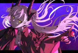 1girl black_jacket breasts candy fate/grand_order fate_(series) food hand_up highres holding holding_candy holding_food holding_lollipop horns jacket lilith_(fate) lollipop long_hair looking_at_viewer naked_jacket ordeal_call_servant_(female) pink_hair pointy_ears solo ttmaru_1739 twintails upper_body yellow_eyes