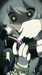 1boy 1girl absurdres arm_at_side armor black_bodysuit black_hair black_leggings black_sandals black_shorts black_sleeves blood blood_from_mouth blunt_ends bodysuit bracelet cross-shaped_pupils deep_wound eyelashes fingernails frilled_sleeves frills furisode genshin_impact gold gold_trim green_eyes green_pupils hakama hakama_shorts highres holding holding_mini_person injury japanese_armor japanese_clothes jewelry juban kimono kote kurokote layered_sleeves leggings looking_at_another looking_up mini_person miniboy nahida_(genshin_impact) neck_ring no6_gnsn open_mouth pleated_shorts purple_blood purple_eyes purple_sleeves red_kimono red_sash sandals sash scaramouche_(genshin_impact) short_sleeves shorts single_sode stab stirrup_legwear symbol-shaped_pupils tareme toeless_legwear white_hair white_kimono wide-eyed zouri