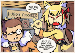 1boy 1girl animal_ear_fluff animal_ears bow closed_eyes fox fox_ears fox_girl fox_tail kitsune kyuubi large_tail multiple_tails open_mouth original pointing setz stuffed_animal stuffed_toy tail talking