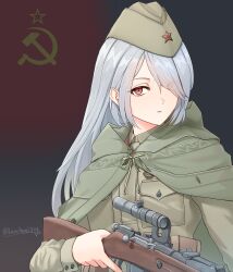 1girl absurdres ammunition_pouch artist_name battle_of_stalingrad belt bolt_action breast_pocket brown_belt brown_hat brown_jacket cloak closed_mouth collar_tabs commentary finger_on_trigger flag_background garrison_cap green_cloak gun hair_over_one_eye hat highres holding holding_gun holding_weapon jacket leochan1202 long_hair long_sleeves looking_at_viewer military military_uniform mosin-nagant original pocket pouch red_eyes red_star rifle sniper_rifle solo soviet soviet_army soviet_flag star_(symbol) upper_body weapon white_hair world_war_ii