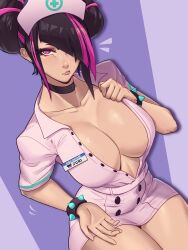 1girl alternate_breast_size alternate_costume aqua_nails beckoning belt black_choker black_hair boobs?_wanna_touch_boobs?_(meme) bracelet breasts character_name choker cleavage closed_mouth collarbone commentary copyright_name diagonal_bangs dress earrings english_commentary eyeshadow hair_horns han_juri hat highres huge_breasts jewelry legs_together looking_at_viewer makeup meme midriff_peek motion_lines multicolored_hair nail_polish name_tag no_bra nurse nurse_cap pink_dress pink_eyeshadow pink_hat purple_eyes purple_hair short_dress short_hair sitting skullworms solo spiked_bracelet spikes streaked_hair street_fighter street_fighter_6 stud_earrings sweat thick_thighs thighs two-tone_hair unbuttoned