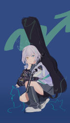 Rule 34 | 1girl, :3, alternate costume, animal ears, bang dream!, bang dream! it&#039;s mygo!!!!!, blue background, blue eyes, boots, cat, cat ears, cat tail, epppppp, guitar case, heterochromia, highres, instrument case, kaname raana, mygo!!!!! (bang dream!), mygo!!!!! logo (bang dream!), short hair, simple background, tail, white boots, white hair, yellow eyes