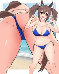 Rule 34 | 1girl, absurdres, akizuki shigure, alternate costume, animal ears, ass, bad id, bad pixiv id, bikini, blush, breasts, brown eyes, brown hair, cameltoe, cleavage, collarbone, commission, hair between eyes, hair ornament, head tilt, highres, hishi akebono (umamusume), horse ears, horse girl, large breasts, looking at viewer, mtu virus, multiple views, navel, ocean, open mouth, outside border, pixiv commission, pointing, pointing at self, short twintails, swimsuit, twintails, umamusume