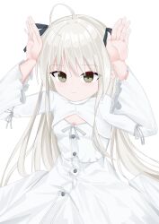 Rule 34 | 1girl, absurdres, ahoge, black ribbon, breasts, brown eyes, buttons, cleavage cutout, closed mouth, clothing cutout, commentary request, cowboy shot, dress, grey hair, hair between eyes, hair ribbon, hands up, highres, kasugano sora, long hair, long sleeves, looking at viewer, mamiya yuki, rabbit pose, ribbon, sidelocks, simple background, small breasts, solo, straight hair, very long hair, white background, white dress, white ribbon, wide sleeves, yosuga no sora