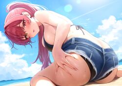 1girl :d alternate_costume ass beach bikini bikini_under_shorts black_bikini blue_shorts blue_sky blush breasts butt_crack cloud commentary day denim denim_shorts from_behind grabbing_own_ass hair_intakes halterneck heterochromia high_ponytail highres holika_baby hololive houshou_marine large_breasts leaning_forward long_hair looking_back micro_shorts ocean official_alternate_hairstyle open_mouth outdoors ponytail red_eyes red_hair sand sand_on_skin shorts sideboob sitting sky smile solo sunlight swimsuit symbol-only_commentary torn_clothes torn_shorts virtual_youtuber wariza wet yellow_eyes