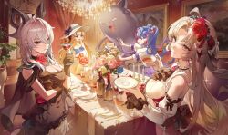 4girls absurdres ahoge alternate_costume arm_under_breasts ascot bare_shoulders bead_necklace beads black_ascot black_dress black_gloves black_horns black_jacket bottle breasts cake cake_slice candlestand carlotta_(wuthering_waves) chandelier closed_mouth collarbone commentary cup curled_horns dasha detached_sleeves dress drinking_glass earrings flower food fork gloves grey_hair hair_between_eyes hair_flower hair_ornament hand_up hashtag-only_commentary hat highres holding holding_cup horns indoors jacket jacket_on_shoulders jewelry large_breasts laughing long_hair looking_at_viewer multiple_girls necklace open_mouth parted_bangs pero_(wuthering_waves) phoebe_(wuthering_waves) picture_frame pink_skirt plate purple_eyes purple_hair red_eyes red_flower red_rose roccia_(wuthering_waves) rose skirt smile teacup utensil vase white_dress white_hat wuthering_waves zani_(wuthering_waves)