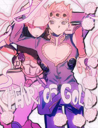 1boy arm_around_neck arm_around_shoulder arm_up bare_pectorals blonde_hair blue_eyes cleavage_cutout closed_mouth clothing_cutout commentary_request flower giorno_giovanna gold_experience grid_background hair_rings hand_on_another&#039;s_head highres jacket jojo_no_kimyou_na_bouken long_sleeves looking_to_the_side male_focus pants pectoral_cleavage pectorals purple_jacket purple_pants ribbon rose sideways_glance stand_(jojo) standing tami_tome_mo vento_aureo victory_rolls white_flower