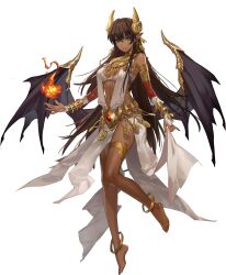 1girl absurdres anklet armpits bare_hips bare_legs bare_shoulders barefoot bracelet bridal_gauntlets brown_hair character_request da_wang_bu_gaoxing dark-skinned_female dark_skin demon_girl demon_horns demon_wings elbow_gloves eyeshadow feet fingernails fireball floating game_cg gem gloves gold_anklet gold_bracelet gold_headdress gold_ring hair_between_eyes highres horns jewelry long_fingernails long_hair looking_at_viewer magic makeup middle_ring midriff multiple_bracelets multiple_rings navel official_art parted_lips pinky_ring pointy_ears red_gemstone red_nails revealing_clothes ring seductive_smile shiny_skin smile solo thighlet thumb_ring tiptoes toenails toned toned_female transparent_background white_eyeshadow wing_ornament wings yellow_eyes