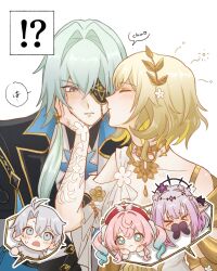 !? &gt;_&lt; 2boys 3girls aglaea_(honkai:_star_rail) anaxa_(honkai:_star_rail) aqua_eyes aqua_hair black_jacket blonde_hair blue_eyes blush castorice_(honkai:_star_rail) chibi chibi_inset eyepatch flower green_hair grey_hair hair_flower hair_ornament hand_on_another&#039;s_cheek hand_on_another&#039;s_face head_wreath highres honkai:_star_rail honkai_(series) hyacine_(honkai:_star_rail) jacket kiss kissing_cheek long_hair low-tied_long_hair medium_hair multicolored_hair multiple_boys multiple_girls ochiba_34 phainon_(honkai:_star_rail) pink_hair pointy_ears purple_hair short_hair tiara two-tone_hair upper_body