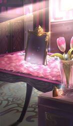commentary fate/grand_order fate_(series) flower flower_request indoors lasengle light_rays mirror no_humans official_art petals pink_flower pink_theme scenery sparkle still_life table third-party_source tulip vase white_flower