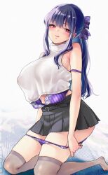 1girl arms_at_sides bare_shoulders black_skirt blush bra breasts closed_mouth grey_thighhighs highres karube_guri kneeling large_breasts long_hair miniskirt original panties pleated_skirt ponytail purple_bra purple_panties red_eyes shirt skirt smile solo thighhighs tongue tongue_out underwear white_shirt