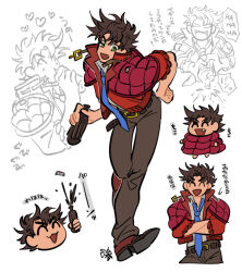 battle_tendency bottle brown_hair carota327 chibi cola crossed_arms drinking fangs green_eyes inset jacket jojo_no_kimyou_na_bouken joseph_joestar joseph_joestar_(young) laughing male_focus necktie padded_jacket red_jacket