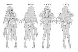 1girl absurdres alternate_costume ass bikini covered_navel dress full_body high_heels highres midori_fufu navel pelvic_curtain shoes simple_background solo swimsuit translation_request white_background yixuan_(zenless_zone_zero) zenless_zone_zero