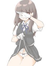 1girl akara_kai black_hair black_skirt black_vest blue_ribbon blush breasts brown_eyes collared_shirt covering_own_eyes hayashio_(kancolle) highres kantai_collection lifting_own_clothes long_hair mole mole_under_eye neck_ribbon panties ribbon shirt short_sleeves simple_background skirt small_breasts smile solo underwear vest white_background white_panties white_shirt