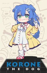 Rule 34 | &gt;:3, 1girl, :3, alternate eye color, alternate hair color, animal ears, arm up, blue hair, blush stickers, bone hair ornament, cartoon bone, chocolate cornet, collar, cover, dog ears, dog girl, dog tail, dress, fake cover, food, gloves, green eyes, hair ornament, hairclip, hand on own hip, highres, hololive, hoso-inu, index finger raised, inugami korone, inugami korone (1st costume), jacket, kukie-nyan, listener (inugami korone), long hair, looking at viewer, off shoulder, parody, red shoes, shoes, short dress, sleeveless, sleeveless dress, smile, socks, solo, sonic (series), standing, tail, virtual youtuber, white dress, white gloves, white shoes, yellow jacket