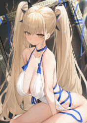1girl absurdres azur_lane bare_shoulders black_background blonde_hair blue_ribbon blush branch breasts brown_eyes cleavage closed_mouth collarbone commentary_request dress formidable_(anniversary_memories)_(azur_lane) formidable_(azur_lane) hair_between_eyes halter_dress halterneck hand_between_thighs highres l_ract large_breasts lens_flare long_hair looking_at_viewer official_alternate_costume picture_frame ribbon side_slit sidelocks sitting smile solo spiked_hair_ornament thighs twintails very_long_hair wariza white_dress