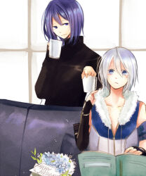 Rule 34 | 2boys, alternate color, arch bishop (ragnarok online), black gloves, black shirt, blue eyes, blue flower, blue shirt, book, closed mouth, commentary request, couch, cup, fingerless gloves, flower, fur-trimmed shirt, fur trim, gloves, hair between eyes, happy birthday, holding, holding cup, indoors, long bangs, male focus, mole, mole under eye, multiple boys, open book, purple eyes, purple hair, ragnarok online, reading, shirt, sleeveless, sleeveless shirt, smile, sniper (ragnarok online), two-tone shirt, upper body, wane (ruki), white hair, window