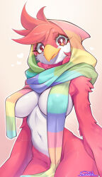 1girl artist_name beak bird_girl body_fur breasts bright_pupils closed_mouth covered_erect_nipples cowboy_shot female_focus furry furry_female gradient_background groin happy heart hood hood_up hooded_scarf large_breasts looking_at_viewer multicolored_scarf naked_scarf navel orange_background original outline rainbow_scarf red_eyes red_fur red_hair scarf short_hair signature smile solo standing stomach suahh two-tone_fur white_fur white_outline white_pupils