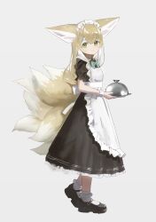 1girl absurdres alternate_costume animal_ears apron arknights black_dress black_shoes blonde_hair dress enmaided fox_ears fox_girl fox_tail frills full_body green_eyes hashtag-only_commentary highres holding holding_tray kitsune kyuubi looking_at_viewer maid maid_headdress mikeneko90 multiple_tails shoes short_sleeves simple_background smile socks solo suzuran_(arknights) tail tray white_apron