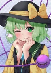 1girl absurdres black_hat blush bow buttons commentary diamond_button eyeball frilled_shirt_collar frilled_sleeves frills green_eyes green_hair hat hat_bow heart heart_background highres komeiji_koishi long_sleeves looking_at_viewer one_eye_closed shirt solo soo_kazahana third_eye touhou twitter_username wide_sleeves yellow_bow yellow_shirt