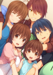 Rule 34 | 00s, 2boys, 3girls, blue hair, brown hair, clannad, dango daikazoku, dutch angle, family, furukawa akio, furukawa nagisa, furukawa sanae, grin, happy, multiple boys, multiple girls, okazaki tomoya, okazaki ushio, red eyes, siva (executor), smile