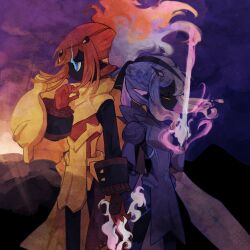 2boys arm_blade armarouge armor black_skin blue_eyes blue_hair blue_pupils braid ceruledge circlet closed_eyes colored_skin fiery_hair gloves glowing glowing_eye hand_up highres long_hair mugimochi_g multiple_boys nintendo orange_gloves personification pointy_ears pokemon purple_armor red_hair weapon yellow_armor