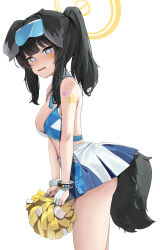 1girl @_@ absurdres animal_ears black_hair black_tail blue_archive blue_eyes blue_skirt breasts cleavage commentary_request dog_ears dog_girl dog_tail goggles goggles_on_head halo hibiki_(blue_archive) hibiki_(cheer_squad)_(blue_archive) highres holding holding_pom_poms looking_at_viewer medium_breasts millennium_cheerleader_outfit_(blue_archive) official_alternate_costume official_alternate_hairstyle pom_pom_(cheerleading) pom_poms ponytail simple_background skai_kun skindentation skirt solo sports_bra star_sticker sticker_on_arm sticker_on_face tail thighs two-tone_skirt white_background white_skirt yellow_halo