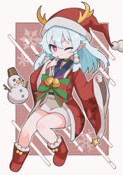 1girl ;) antlers ao_(disgaea) blue_hair blush boots border braid bright_pupils brown_background choker closed_mouth commentary disgaea full_body green_choker hat highres horns japanese_clothes kimono long_sleeves looking_at_viewer medium_hair one_eye_closed outline outside_border pink_eyes pointy_ears red_boots red_hat red_kimono santa_costume santa_hat side_braids smile snowman solo suaman thick_eyebrows twin_braids white_border white_outline wide_sleeves