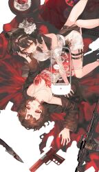 2girls absurdres black_hair dagger gun haiiro_(frabilovelove) highres knife lying multiple_girls on_back reverse:1999 rifle schneider_(reverse:1999) thigh_strap weapon yukadon yuri