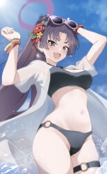 1girl :d absurdres bikini black_bikini blue_archive blue_sky breasts cloud commentary day fang highres kippei long_hair looking_at_viewer medium_breasts navel official_alternate_costume open_mouth purple_eyes purple_hair skin_fang sky smile solo swimsuit thigh_strap yukari_(blue_archive) yukari_(swimsuit)_(blue_archive)
