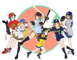 6+girls :d adjusting_eyewear animal_print asics baseball baseball_bat baseball_cap baseball_glove baseball_jersey batting_stance black_footwear black_hair black_hat black_socks blue_bow blue_hair blue_hat blue_legwear blue_shirt blue_skirt blush bow bracelet breasts brown_eyes brown_hair chunichi_dragons cleats cleavage converse earrings elbow_pads frown fujimoto_rina full_body glasses gloves grey_shirt hair_bow hanshin_tigers hat hat_bow highres hiroshima_touyou_carp holding holding_baseball_bat houjou_karen idolmaster idolmaster_cinderella_girls jersey jewelry kamijo_haruna kneehighs left-handed leopard_print long_hair looking_at_viewer mimura_kanako multiple_girls nail_polish necklace nigou nippon_professional_baseball one_eye_closed open_mouth orange_gloves orange_hair orange_shoes orange_skirt over-rim_eyewear pink-framed_eyewear pink_nails pinstripe_pattern pitching plaid_clothes plaid_skirt platform_footwear pleated_skirt purple_eyes raglan_sleeves red_footwear red_shirt semi-rimless_eyewear shin_guards shirt shoes short_hair short_sleeves shorts sidelocks skirt smile sneakers socks standing standing_on_one_leg striped swept_bangs swinging tachibana_arisu thighhighs tokyo_yakult_swallows v wakui_rumi white_footwear white_shorts white_skirt yellow_shirt yokohama_dena_baystars yomiuri_giants zettai_ryouiki
