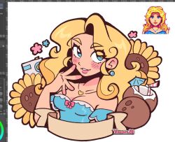 1girl art_program_in_frame banner blonde_hair blue_eyes blue_shirt blush breasts camera cleavage cocktail_umbrella coconut coconut_cup drinking_straw eyelashes flower haley_(stardew_valley) heart heart_necklace jewelry long_hair looking_up medium_breasts necklace off-shoulder_shirt off_shoulder official_art_inset pendant reference_inset shirt solo stardew_valley sunflower thick_eyebrows upper_body yanana_ua