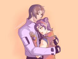 1boy 1girl asamiya_athena brown_hair charlyarts hair_ornament hug idol kusanagi_kyou psycho_soldier purple_hair sad snk star_(symbol) star_hair_ornament the_king_of_fighters the_king_of_fighters_2000