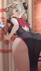 1girl ass back_cutout bent_over black_dress breasts china_dress chinese_clothes clothing_cutout commentary_request curtains dress eyewear_on_head from_beind hair_over_one_eye hand_fan highres hinata_kokage holding holding_fan looking_at_viewer looking_back no_panties purple_eyes solo standing sweety_(zenless_zone_zero) thighs tinted_eyewear variant_set zenless_zone_zero