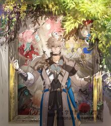 1boy aglaea_(honkai:_star_rail) anaxa_(honkai:_star_rail) animal_hood antenna_hair aqua_hair armor black_choker black_gloves black_pants black_shirt blonde_hair blue_cape blue_eyes cape castorice_(honkai:_star_rail) cat_hood choker chrysos_heirs_(honkai:_star_rail) cipher_(honkai:_star_rail) coat collared_shirt commentary commentary_request fingerless_gloves gloves gradient_hair green_hair grey_hair highres honkai:_star_rail honkai_(series) hood hyacine_(honkai:_star_rail) liquid_gold multicolored_hair mydei_(honkai:_star_rail) painting_(object) pants pauldrons phainon_(honkai:_star_rail) picture_frame pink_hair pointy_ears purple_hair red_hair shadow shirt short_hair shoulder_armor single_pauldron solo sun_symbol sun_tattoo tan tanemaki_monaka thigh_strap trianne_(honkai:_star_rail) tribbie_(honkai:_star_rail) trinnon_(honkai:_star_rail) two-tone_hair watermark white_coat white_hair