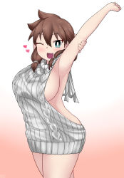 Rule 34 | &gt;;d, 1girl, ;d, amano megumi, amano megumi wa suki darake!, aran sweater, arm behind head, armpits, blue eyes, blush, breasts, brown hair, cable knit, clenched hand, ekz (robotekz), fang, female focus, from side, gradient background, hair between eyes, heart, highres, holding own arm, large breasts, looking at viewer, one eye closed, open mouth, outstretched arm, ribbed sweater, smile, solo, sweater, turtleneck, turtleneck sweater, twintails, v-shaped eyebrows, virgin killer sweater, white sweater