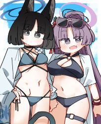 Rule 34 | 2girls, :d, absurdres, animal ear fluff, animal ears, bikini, bikini under clothes, black bikini, black hair, blue archive, blue sky, blush, breasts, cat ears, cleavage, cloud, commentary request, dash b, eyewear on head, fang, grey bikini, grey eyes, grey jacket, groin, halo, highres, jacket, kikyou (blue archive), kikyou (swimsuit) (blue archive), large breasts, layered bikini, multiple girls, navel, open clothes, open jacket, open mouth, parted bangs, pink-framed eyewear, purple hair, short eyebrows, side-tie bikini bottom, sky, small breasts, smile, sunglasses, swimsuit, thick eyebrows, yukari (blue archive), yukari (swimsuit) (blue archive)