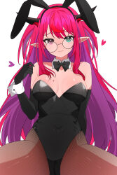 1girl absurdres alternate_hairstyle arm_behind_back bare_shoulders black_bow black_bowtie black_garter_straps black_leotard black_pantyhose blue_eyes bow bowtie breasts cleavage closed_mouth commentary covered_navel detached_collar double-parted_bangs elbow_gloves fishnet_pantyhose fishnets garter_straps glasses gloves hair_between_eyes hana20000920 hand_up heterochromia highres hololive hololive_english horns irys_(hololive) leotard long_hair looking_at_viewer medium_breasts pantyhose playboy_bunny pointy_ears purple_eyes red_hair round_eyewear sidelocks simple_background sitting solo spread_legs strapless strapless_leotard symbol-only_commentary two_side_up very_long_hair virtual_youtuber white_background wrist_cuffs
