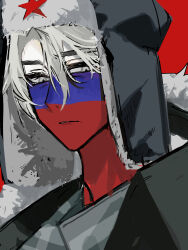 1boy black_coat coat countryhumans fur-trimmed_headwear fur_hat fur_trim grey_scarf hat highres male_focus parted_bangs parted_lips portrait red_background russia_(countryhumans) saboten92 scarf simple_background solo ushanka white_eyes white_hair