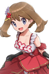 Rule 34 | 1girl, bare shoulders, black gloves, breasts, brown hair, clothes lift, collarbone, dress, dress lift, flower, frills, gloves, gonzarez, hair flower, hair ornament, hairclip, highres, looking at viewer, may (anniversary 2022) (pokemon), may (pokemon), nintendo, official alternate costume, open mouth, pokemon, pokemon masters ex, purple eyes, red dress, shirt, short hair, skirt hold, small breasts, smile, solo, white shirt