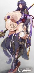 1boy 1girl absurdres after_vaginal aftersex bar_censor big_belly bite_mark bite_mark_on_breast black_thighhighs breasts bridal_gauntlets censored cum cum_in_pussy cum_on_body cum_on_breasts cum_on_stomach cum_on_upper_body cumdrip erection facial female_pubic_hair genshin_impact gigantic_breasts highres hilichurl_(genshin_impact) japanese_clothes konoshige_(ryuun) large_areolae long_hair low-braided_long_hair low-tied_long_hair mole mole_under_eye monster_boy nipples okobo outie_navel penis platform_sandals pregnant pubic_hair purple_eyes purple_hair raiden_shogun sandals stomach_tattoo tabi tattoo thighhighs very_long_hair wide_sleeves