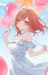 1girl absurdres ahoge alternate_costume balloon bare_shoulders blue_sky choker commentary_request day dress falling_petals frilled_dress frills gradient_hair grin hand_up highres holding holding_balloon hololive hololive_dev_is ichijou_ririka long_hair looking_at_viewer mui_maru multicolored_hair nail_polish off-shoulder_dress off_shoulder orange_eyes orange_hair orange_nails outdoors petals pink_hair sky smile solo sundress swept_bangs upper_body virtual_youtuber white_choker white_dress
