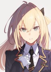 1girl ahoge blonde_hair collared_shirt duel_monster gloves hair_between_eyes hair_intakes highres jacket long_hair long_sleeves looking_at_viewer necktie parted_lips shirt sky_striker_ace_-_raye solo upper_body wepwawet0368 white_gloves white_shirt yu-gi-oh!