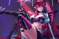 Rule 34 | 1girl, black gloves, black jacket, black panties, black skirt, black thighhighs, black tube top, blue eyes, blue jacket, blue tube top, blush, breasts, cleavage, collarbone, commentary, cropped jacket, earrings, english commentary, fingerless gloves, gloves, hat, heterochromia, high ponytail, highleg, highleg panties, highres, hololive, hololive english, horns, irys (hololive), irys (race queenrys) (hololive), jacket, jewelry, large breasts, long hair, miniskirt, multicolored jacket, open clothes, open jacket, paid reward available, panties, pleated skirt, pointy ears, ponytail, print tube top, purple eyes, purple hair, purple hat, purple tube top, red eyes, seraphim throne, sitting, skirt, star-shaped pupils, star (symbol), strapless, symbol-shaped pupils, thighhighs, tube top, underwear, virtual youtuber, visor cap, white jacket, white tube top