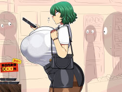 1girl alternate_costume amazon_(taitaitaira) bag black_skirt blush bra bra_strap bra_visible_through_clothes breasts brown_pantyhose cowboy_shot flower food from_side gigantic_breasts green_hair handbag highres holding holding_bag holding_food kazami_yuuka lace lace_bra large_areolae looking_at_breasts looking_at_object office_lady pants pantyhose sale see-through_clothes see-through_shirt shirt shopping short_hair short_sleeves sign skirt sunflower supermarket sweat taut_clothes taut_shirt tight_clothes tight_pants touhou translated underwear watch white_shirt wing_collar wristwatch