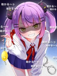 Rule 34 | 1girl, absurdres, alternate costume, aresiasitennou, backpack, bag, bent over, blue skirt, commentary request, cosplay, crime prevention buzzer, cuffs, danmaku comments, green eyes, handcuffs, highres, holding, hololive, indie virtual youtuber, long hair, pleated skirt, purple hair, shaded face, shigure ui (vtuber), shigure ui (vtuber) (cosplay), shirt, shukusei!! loli-kami requiem, skirt, solo, teeth, tokoyami towa, translation request, twintails, virtual youtuber, white shirt