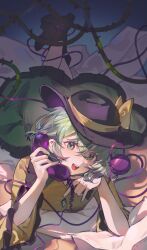 Rule 34 | 1girl, absurdres, ankle boots, bed sheet, black boots, black hat, boots, bow, chinese commentary, collared shirt, commentary, ender xiaohai, frilled shirt collar, frilled skirt, frilled sleeves, frills, green eyes, green hair, green skirt, hat, hat bow, head rest, heart, heart of string, highres, holding, holding phone, komeiji koishi, long sleeves, lying, on bed, on stomach, open mouth, phone, plant, shirt, short hair, skirt, smile, solo, teeth, third eye, thorns, touhou, upper teeth only, vines, wide sleeves, yellow bow, yellow shirt